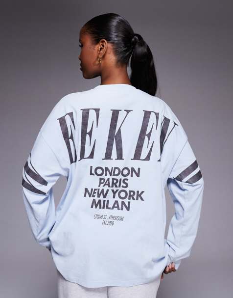 Weekend Collective Icon long sleeve t-shirt with stacked back logo in washed dusky blue and chocolate - view 1