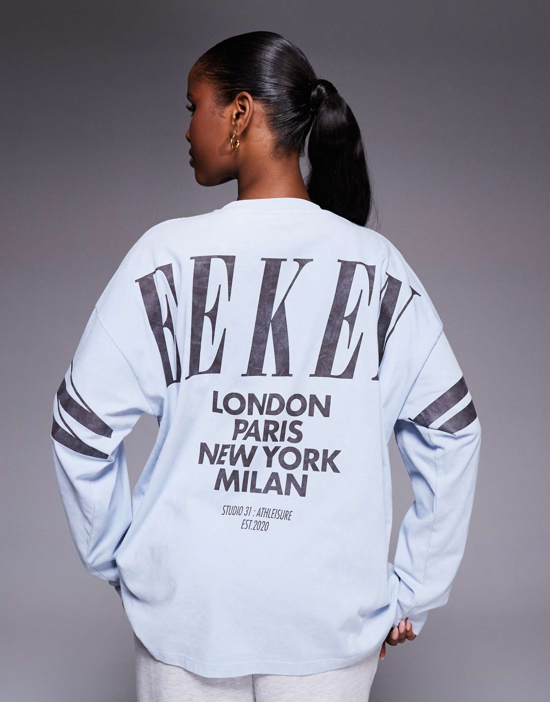 weekend collective icon long sleeve t-shirt with stacked back logo in washed dusky blue and chocolate