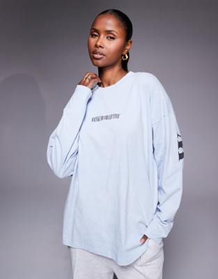 Asos Weekend Collective Weekend Collective Icon Long Sleeve T-shirt With Stacked Back Logo In Blue
