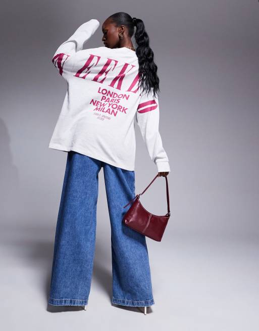 Weekend Collective - Icon - Maglietta oversize a maniche lunghe ghiaccio mélange con logo bordeaux sul retro