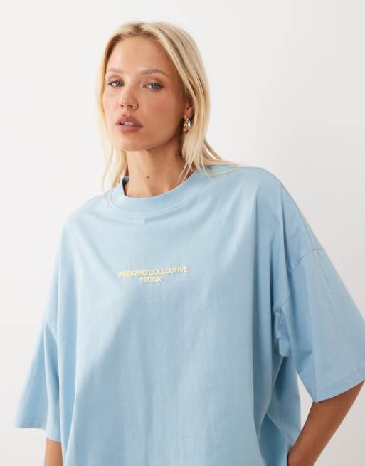 Weekend Collective Icon oversize t-shirt med grafiskt tryck i blått med gul tryck, 3 av 4
