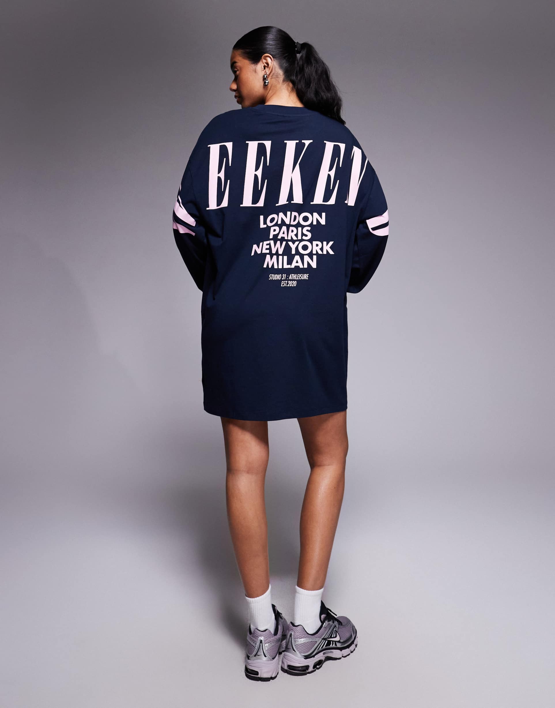 weekend collective icon oversized long sleeve t-shirt dress with stacked back logo in navy and pink