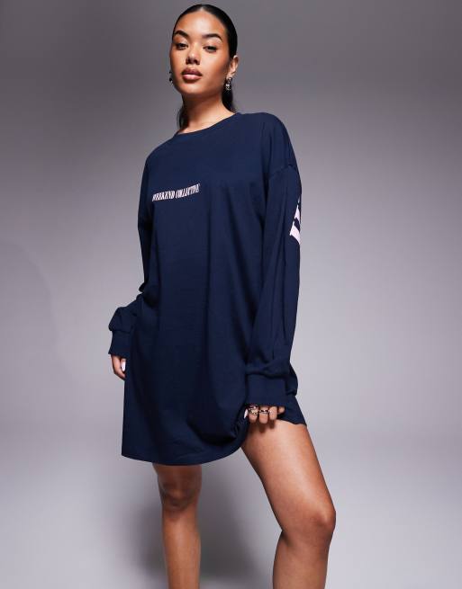 Weekend Collective Icon oversized long sleeve T-shirt dress with stacked back logo in navy and pink