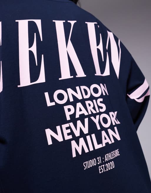 Weekend Collective Icon oversized long sleeve T-shirt dress with stacked back logo in navy and pink