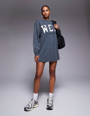 ASOS Weekend Collective Weekend Collective Icon oversized long sleeve t-shirt dress with varsity logo in washed charcoal-Grey
