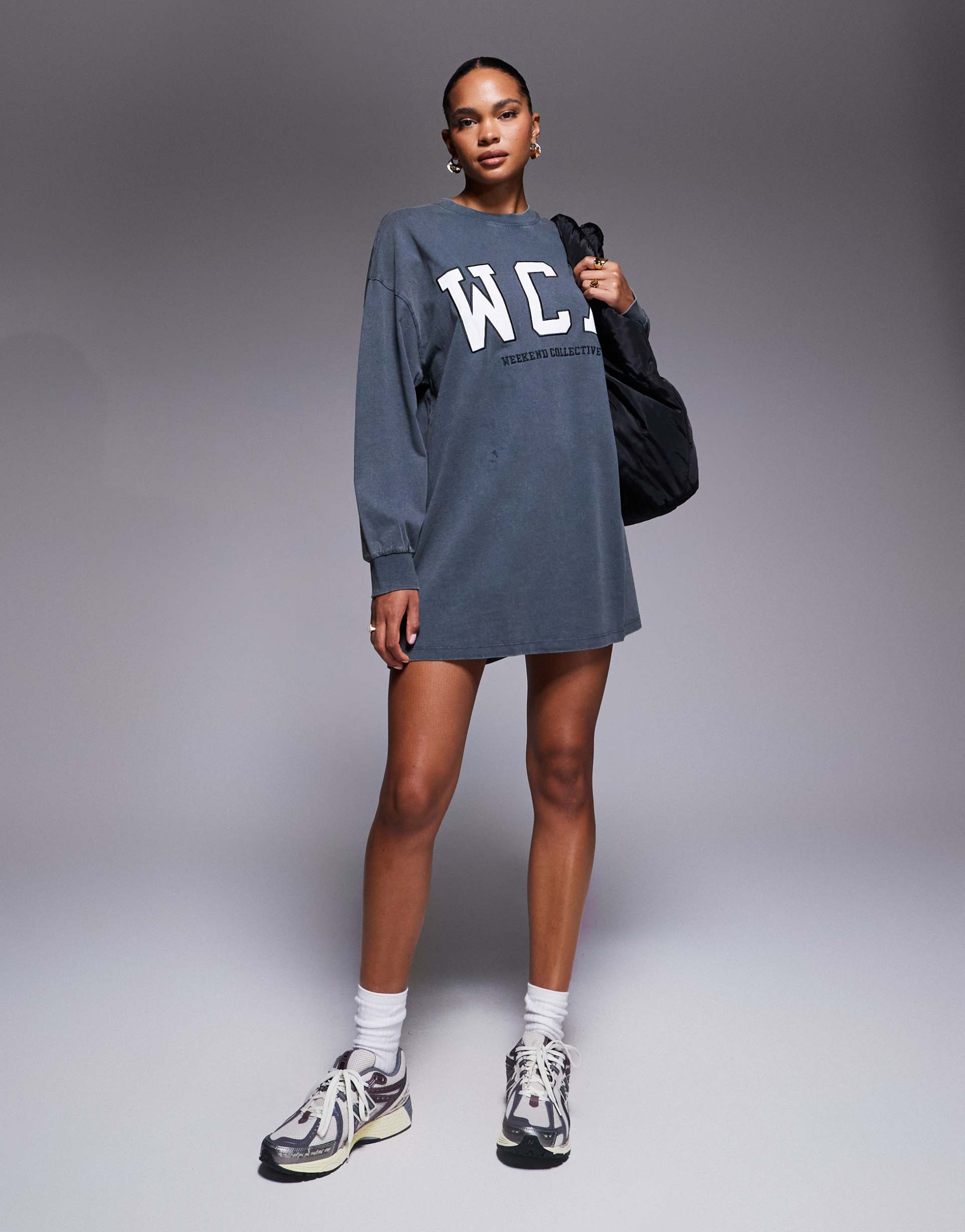 weekend collective icon oversized long sleeve t-shirt dress with varsity logo in washed charcoal