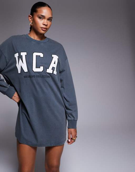 Weekend Collective Icon oversized long sleeve t-shirt dress with varsity logo in washed charcoal, 3 of 4