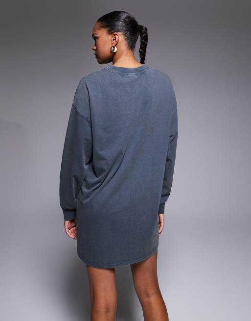 Weekend Collective Icon oversized long sleeve t-shirt dress with varsity logo in washed charcoal, 4 of 4