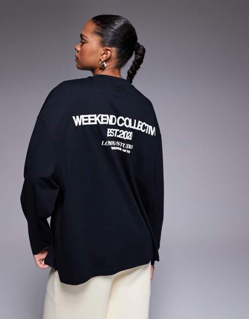 Weekend Collective Icon oversized long sleeve T-shirt with bold font back graphic in black, 4 of 4