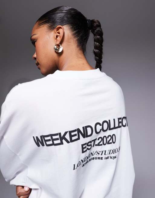 Weekend Collective Icon oversized long sleeve t-shirt with bold font back graphic in white, 3 of 4