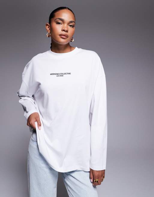 Weekend Collective Icon oversized long sleeve t-shirt with bold font back graphic in white, 4 of 4