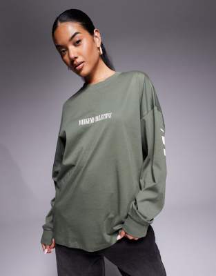 Asos Weekend Collective Weekend Collective Icon Oversized Long Sleeve T-shirt With Stacked Back Logo In Green