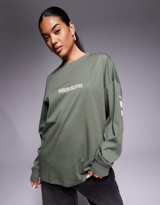 Weekend Collective Icon oversized long sleeve t-shirt with stacked back logo in khaki