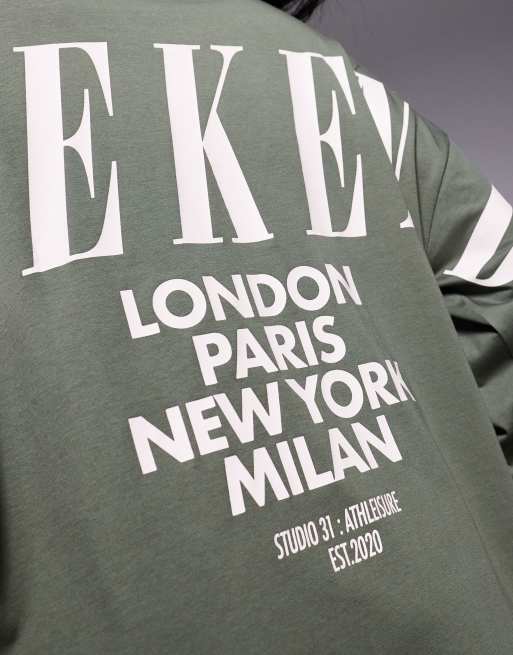 Weekend Collective Icon oversized long sleeve t-shirt with stacked back logo in khaki