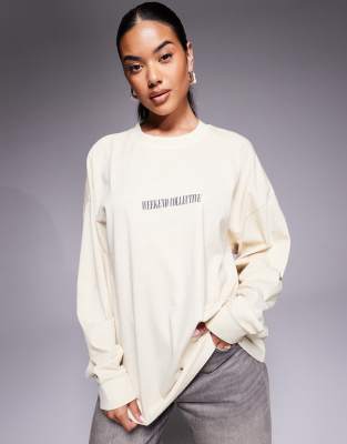 Asos Weekend Collective Weekend Collective Icon Oversized Long Sleeve T-shirt With Stacked Back Logo In Brown