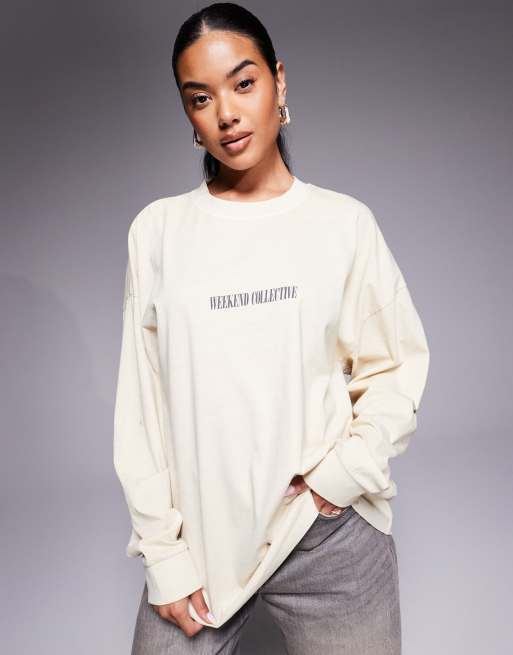 Weekend Collective Icon oversized long sleeve T-shirt with stacked back logo in washed brown