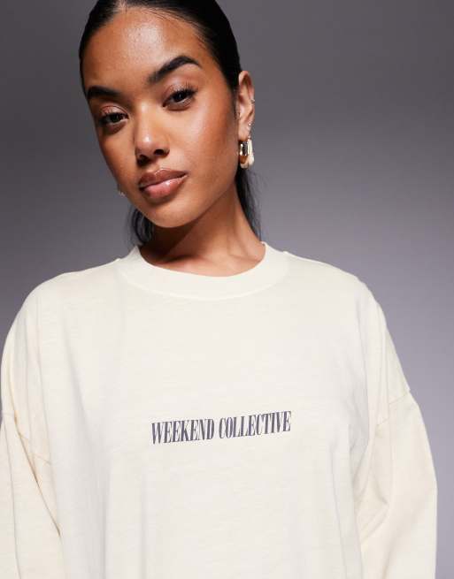 Weekend Collective Icon oversized long sleeve T-shirt with stacked back logo in washed brown
