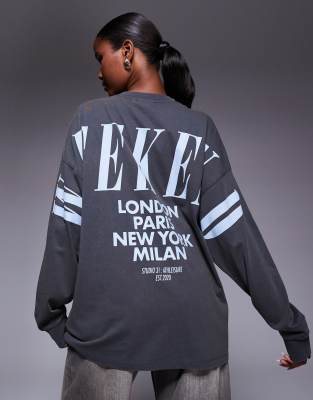 Asos Weekend Collective Weekend Collective Icon Oversized Long Sleeve T-shirt With Stacked Back Logo In Gray