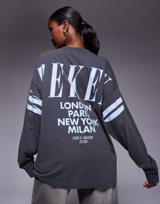Weekend Collective Icon oversized long sleeve t-shirt with stacked back logo in washed charcoal