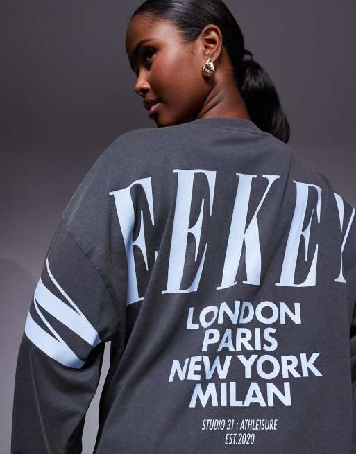 Weekend Collective Icon oversized long sleeve t-shirt with stacked back logo in washed charcoal