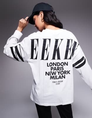 Weekend Collective Icon oversized long sleeve T-shirt with stacked back logo in white