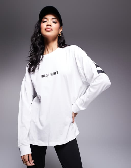 Weekend Collective Icon oversized long sleeve T-shirt with stacked back logo in white, 3 of 4