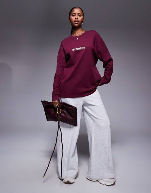 Weekend Collective Icon oversized long sleeve t-shirt with stacked back logo in wine red