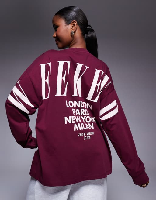 Weekend Collective Icon oversized long sleeve t-shirt with stacked back logo in wine red
