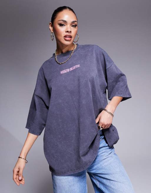 Weekend Collective Icon oversized short sleeve top with stacked back logo in washed gray and pink