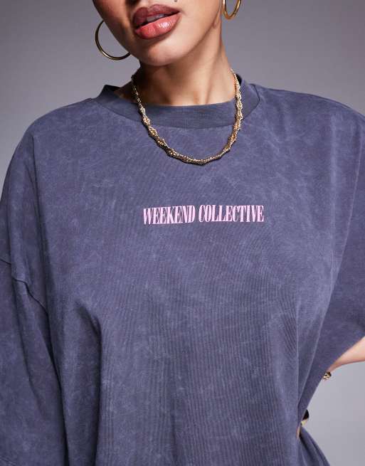 Weekend Collective Icon oversized short sleeve top with stacked back logo in washed gray and pink