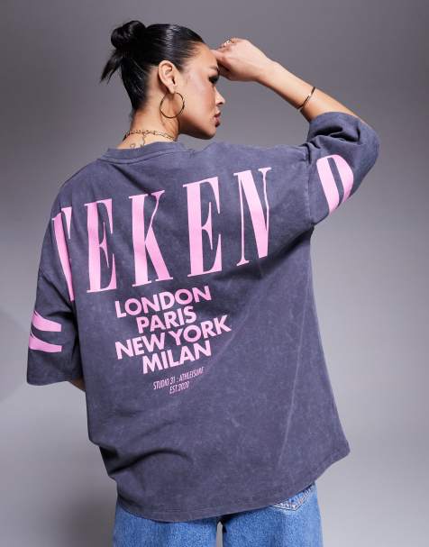 Weekend Collective Icon oversized short sleeve t-shirt with stacked back logo in washed grey and pink - view 1