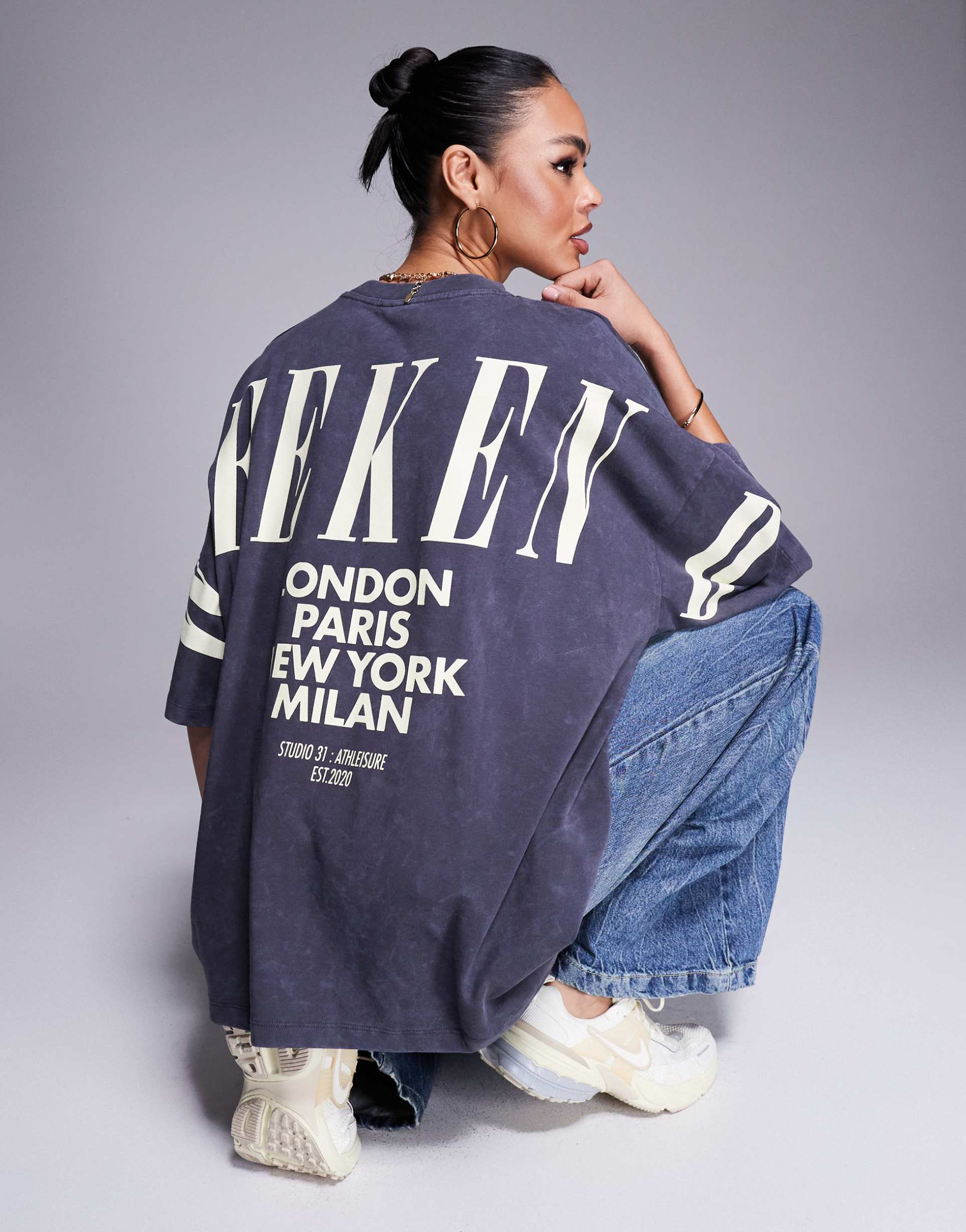 weekend collective icon oversized short sleeve top with stacked back logo in washed gray and buttermilk