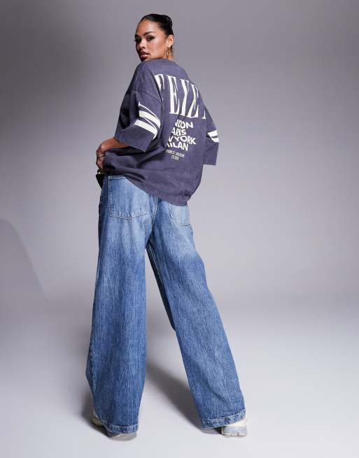 Weekend Collective Icon oversized short sleeve top with stacked back logo in washed gray and buttermilk