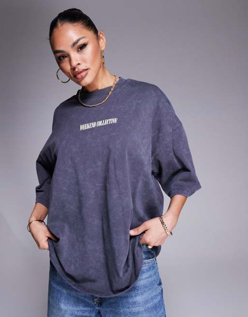 Weekend Collective Icon oversized short sleeve top with stacked back logo in washed gray and buttermilk