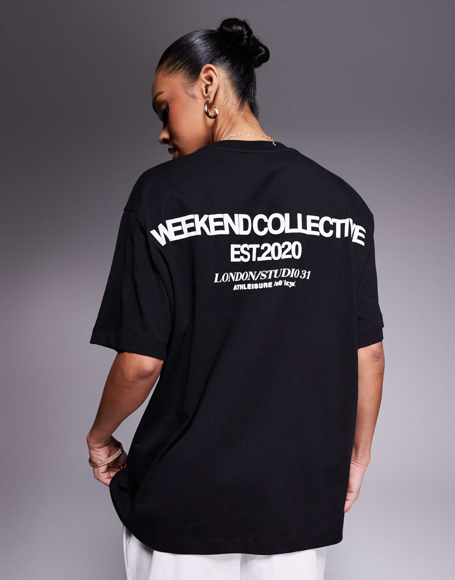 weekend collective icon oversized t-shirt with bold font back graphic in black