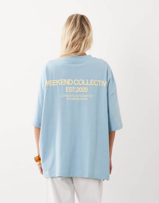 Weekend Collective Icon oversized t-shirt with bold font back graphic in blue with yellow print, 4 of 4