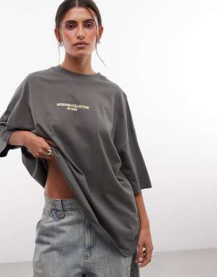Asos Weekend Collective Weekend Collective Icon Oversized T-shirt With Bold Font Back Graphic In Grey