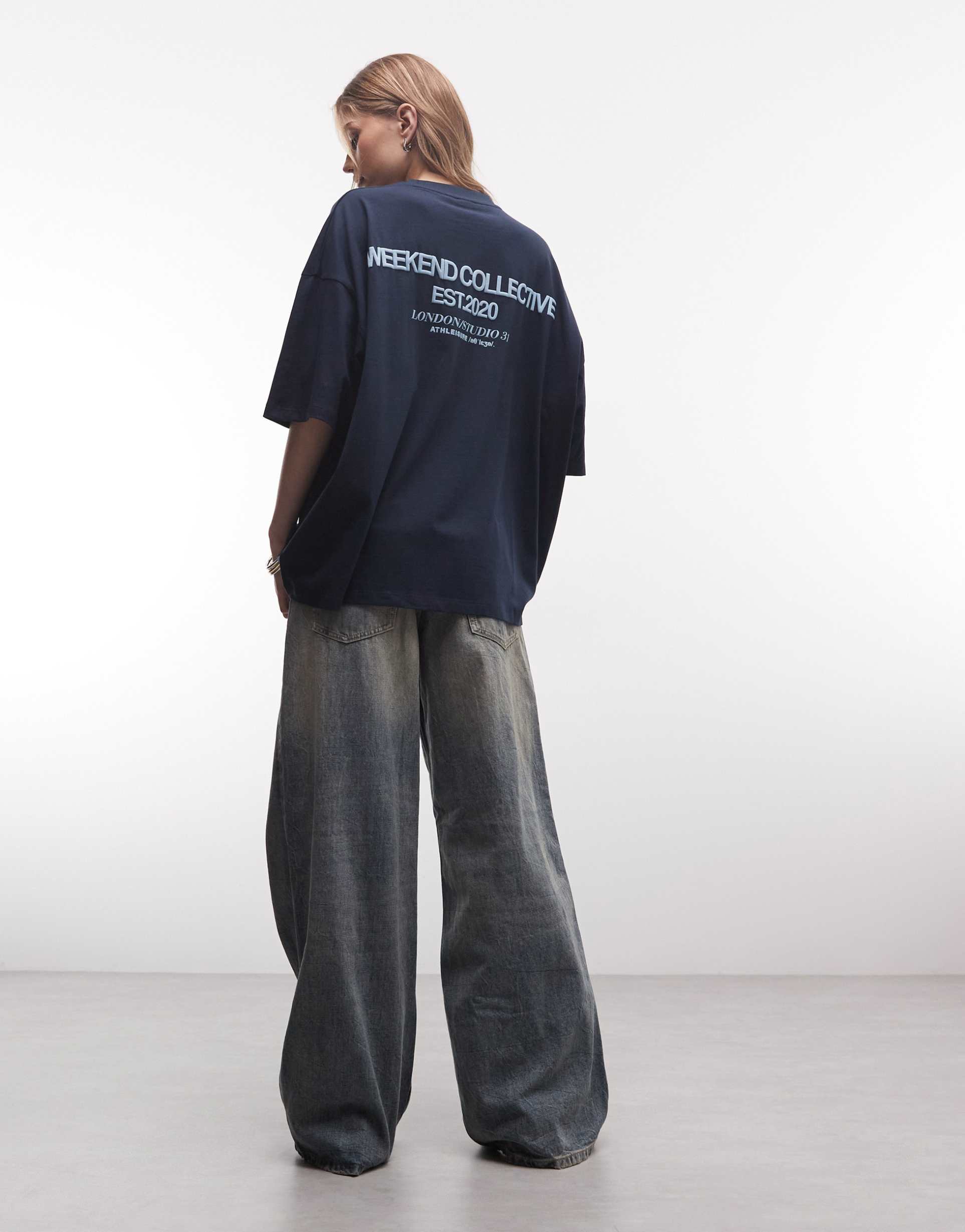 weekend collective icon oversized t-shirt with bold font back graphic in navy