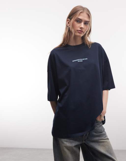 Weekend Collective Icon oversized t-shirt with bold font back graphic in navy, 3 of 4