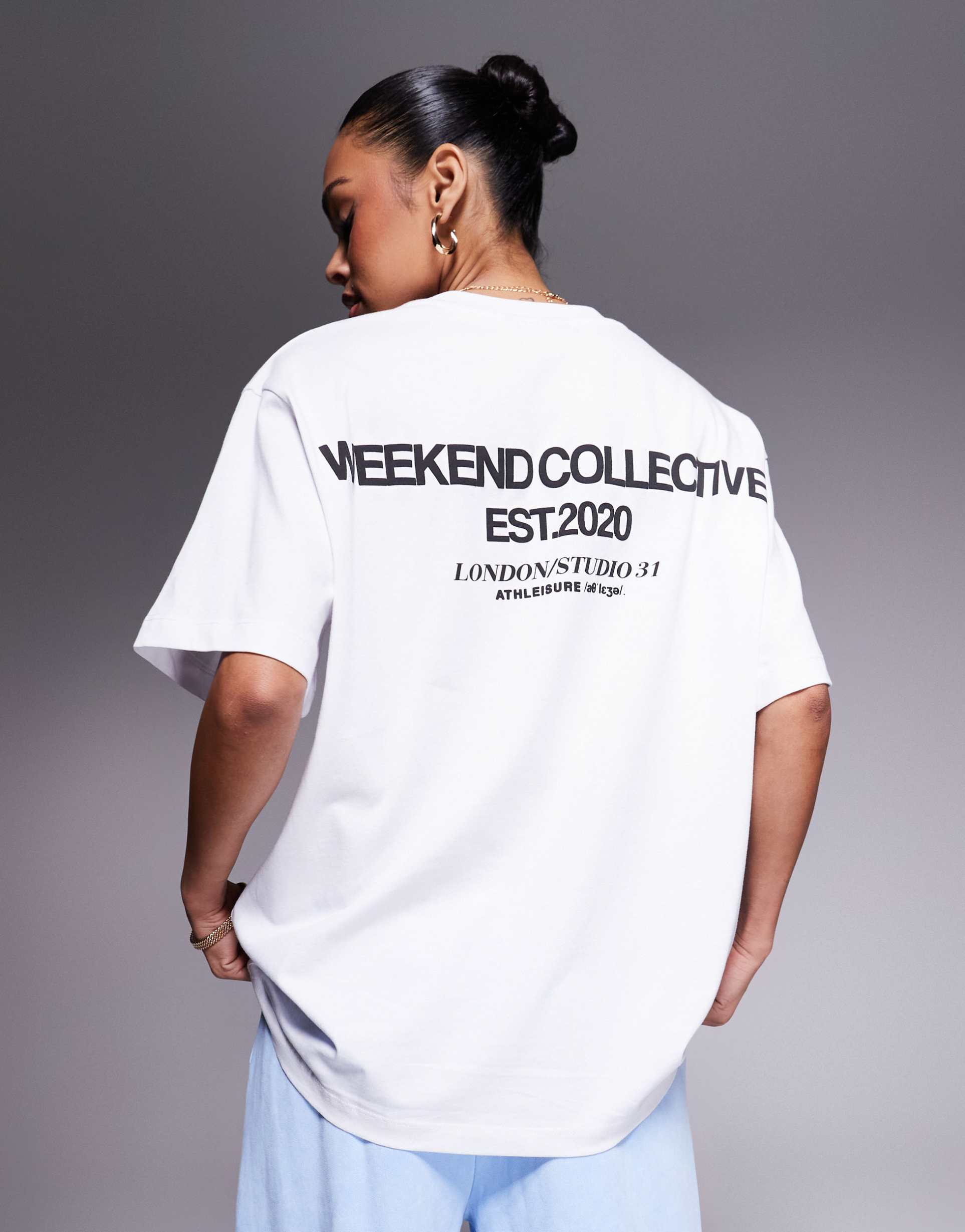 weekend collective icon oversized t-shirt with bold font back graphic in white