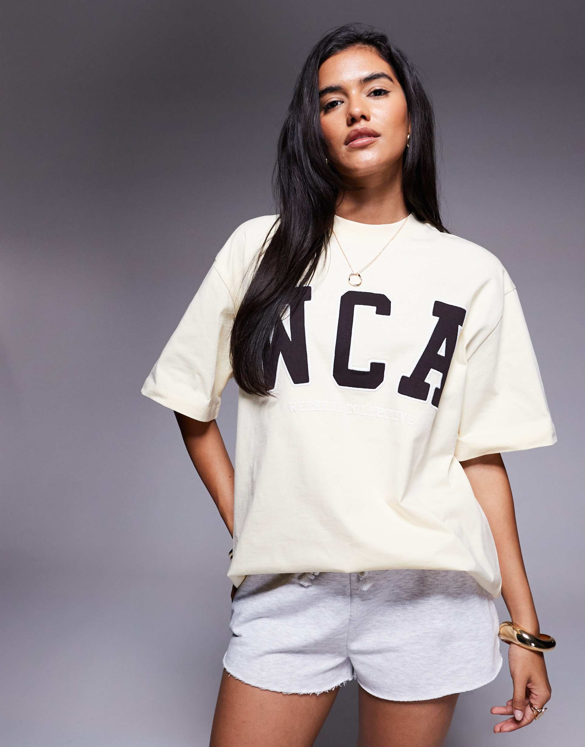 weekend collective icon oversized t-shirt with embroidered wca graphic in buttermilk