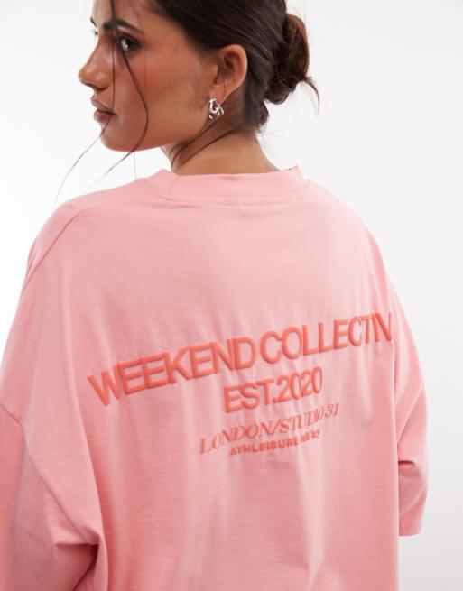 Weekend Collective Icon oversized t-shirt with red bold font back graphic in pink, 2 of 4