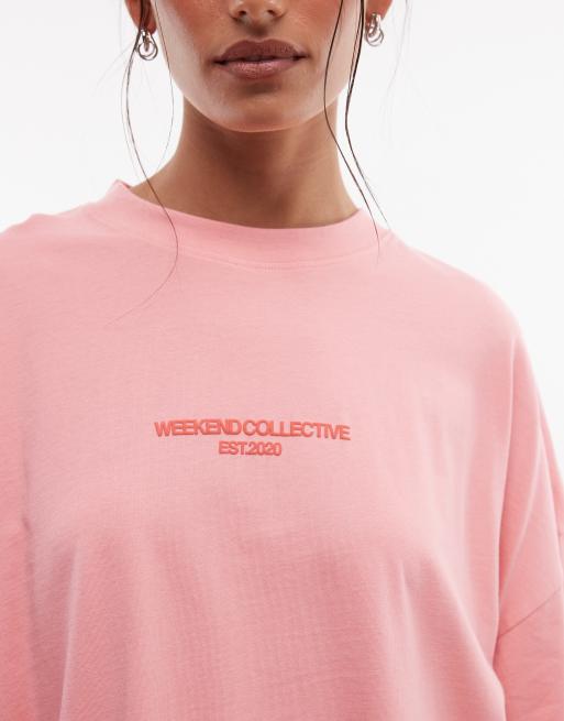 Weekend Collective Icon oversized t-shirt with red bold font back graphic in pink, 4 of 4