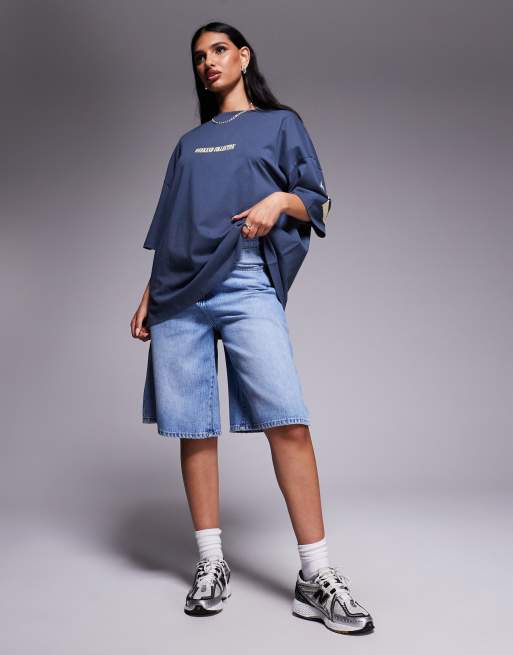 Weekend Collective Icon oversized T-shirt with stacked back logo in blue and buttermilk