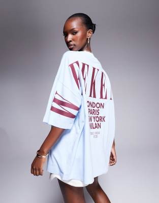 Weekend Collective Icon oversized T-shirt with stacked back logo in dusky blue and burgundy