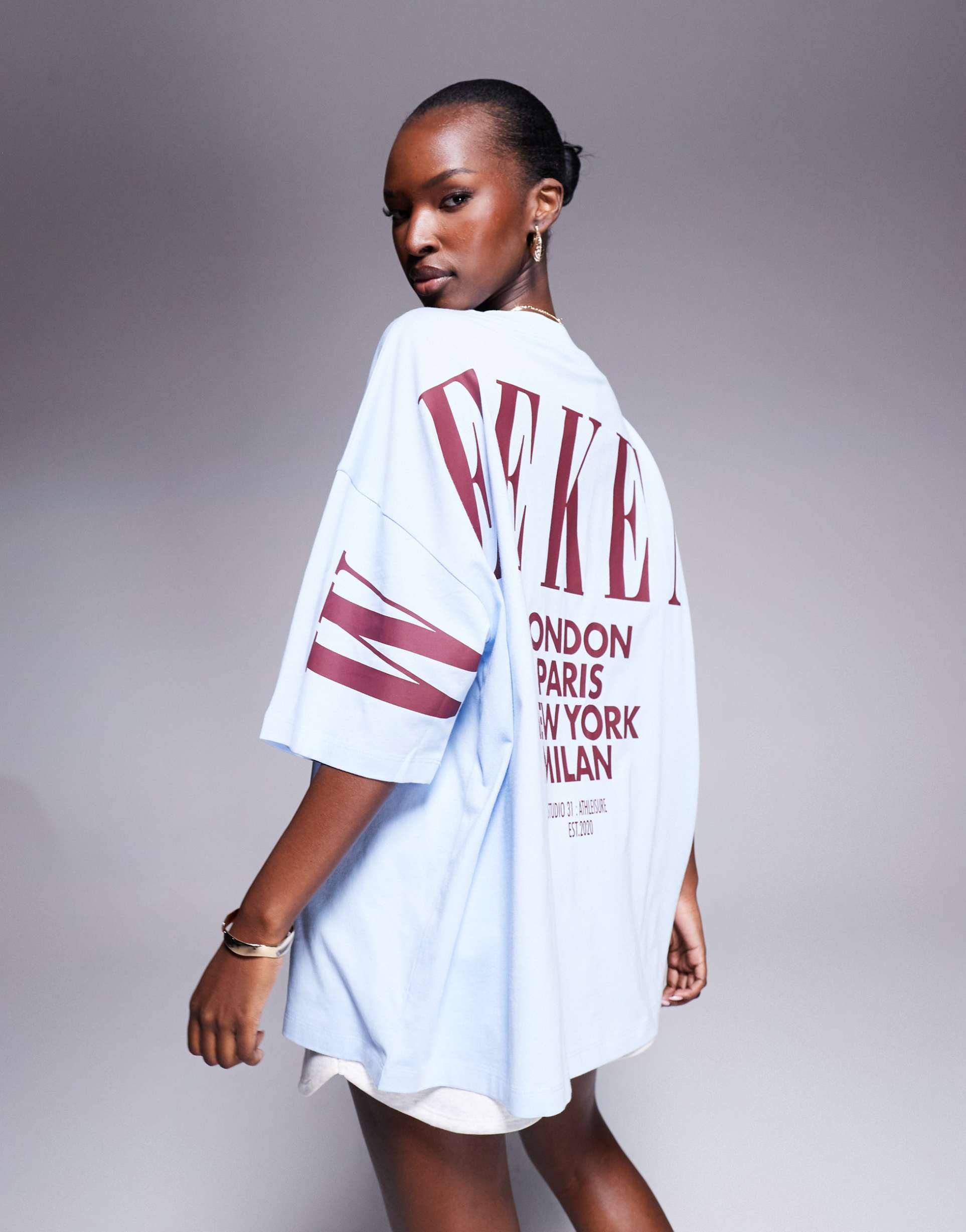 weekend collective icon oversized t-shirt with stacked back logo in dusky blue and burgundy