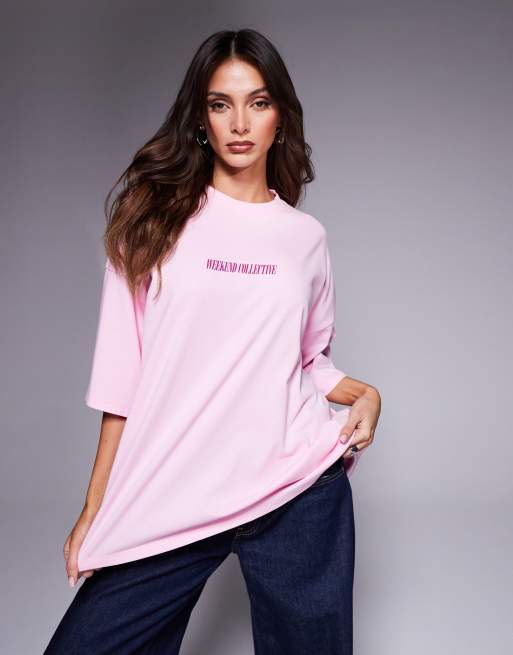 Weekend Collective Icon oversized T-shirt with stacked back logo in light pink and purple