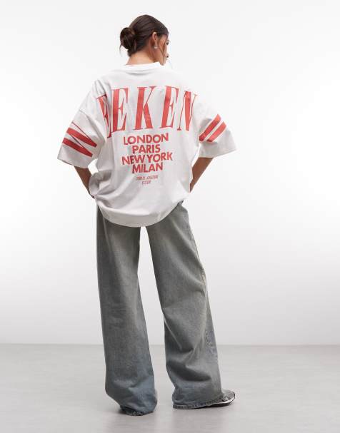 Weekend Collective Icon oversized t-shirt with stacked back logo in off white with red print - view 1