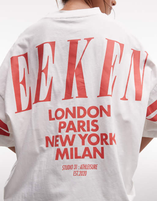 Weekend Collective Icon oversized t-shirt with stacked back logo in off white with red print, 4 of 4