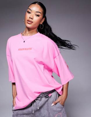 Shop Asos Weekend Collective Weekend Collective Icon Oversized T-shirt With Stacked Back Logo In Pink